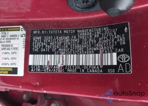 2007 Toyota Corolla Ce из США, поврежденный, VIN 2T1BR32E17C854889